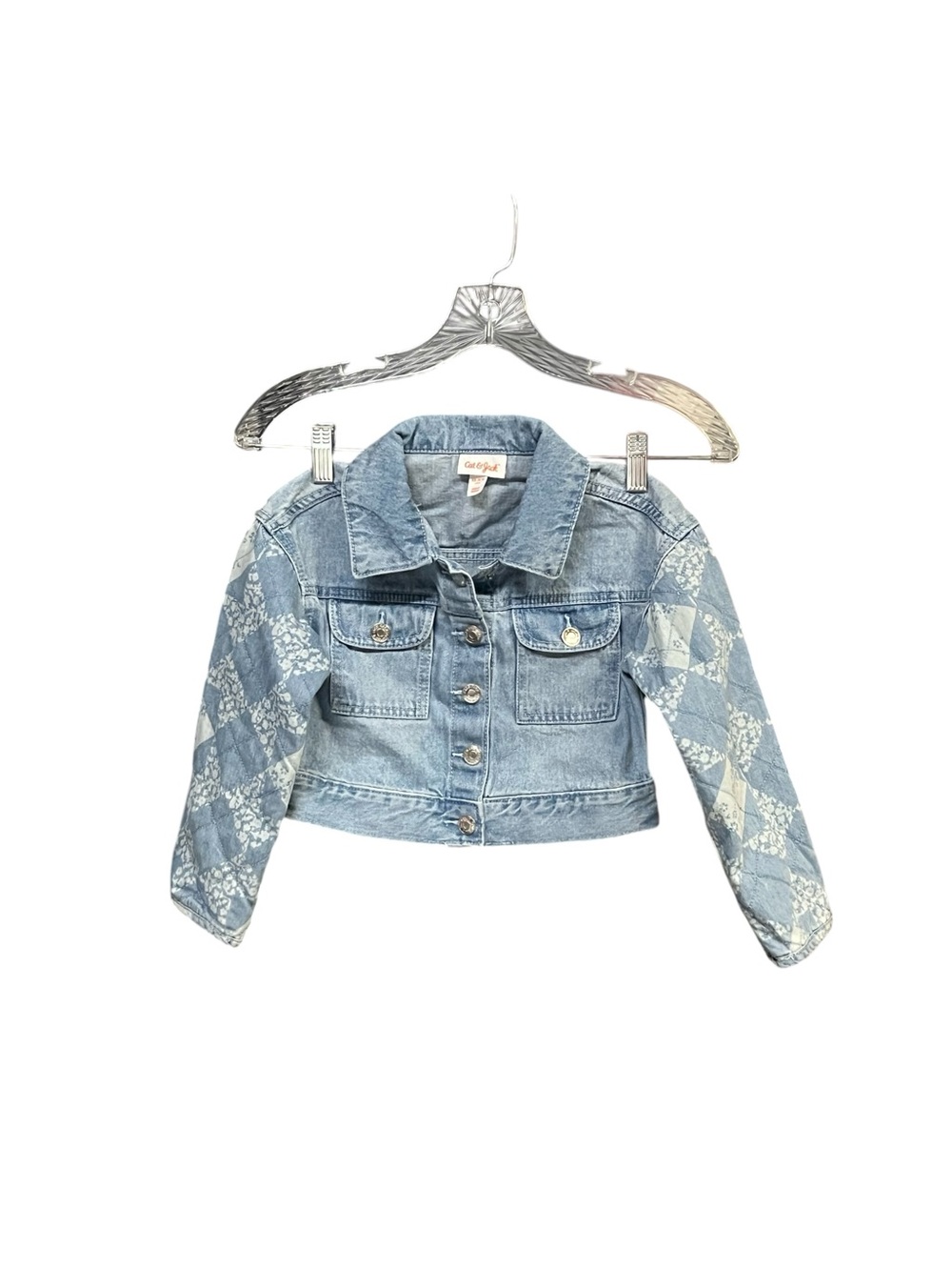 Cat & Jack Girls XS 4/5 Denim Jacket Floral Quilted Sleeves Cute